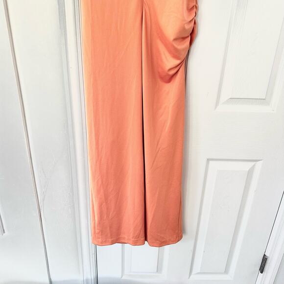 Evereve Zoe Strong Shoulder Ruched Midi Minimalist Slip Dress Orange Sorbet S - Picture 9 of 12